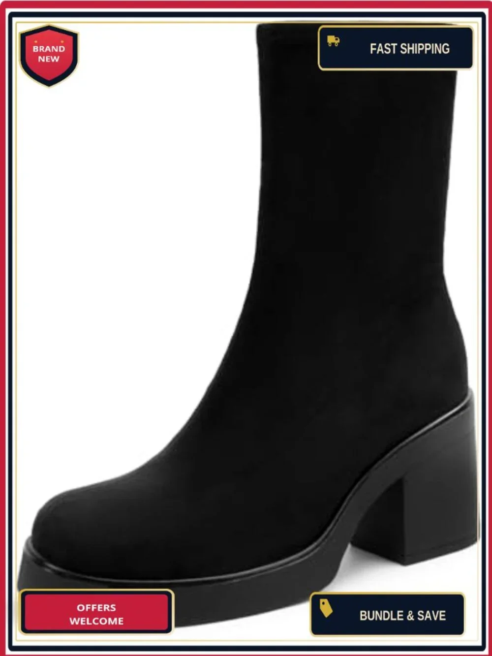 Women's Square Toe Suede Mid Calf Boots Chunky Block Heeled Ankle Bootie Side